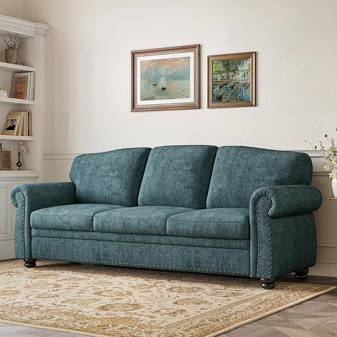 ONBRILL 90 Inch Nailhead Trim Couch for Living Room, 23 Inch Deep Seat Rolled Arm Sofa, Comfy Upholstered 3 Seater Chenille Couch w/Wooden Leg, Large Traditional Sofa for Farmhouse, Teal