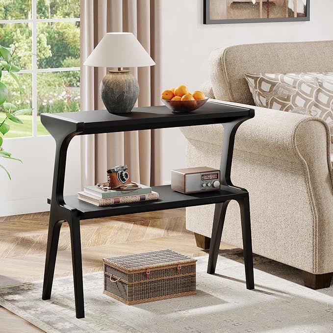 Tribesigns Solid Wood End Table, 2-Tier Modern Slim Couch Side Table with Storage Shelves, Tall Sofa Side Table with Cute Deer-Shaped Legs for Living Room, Skinny Bedside Nightstand for Bedroom, Black