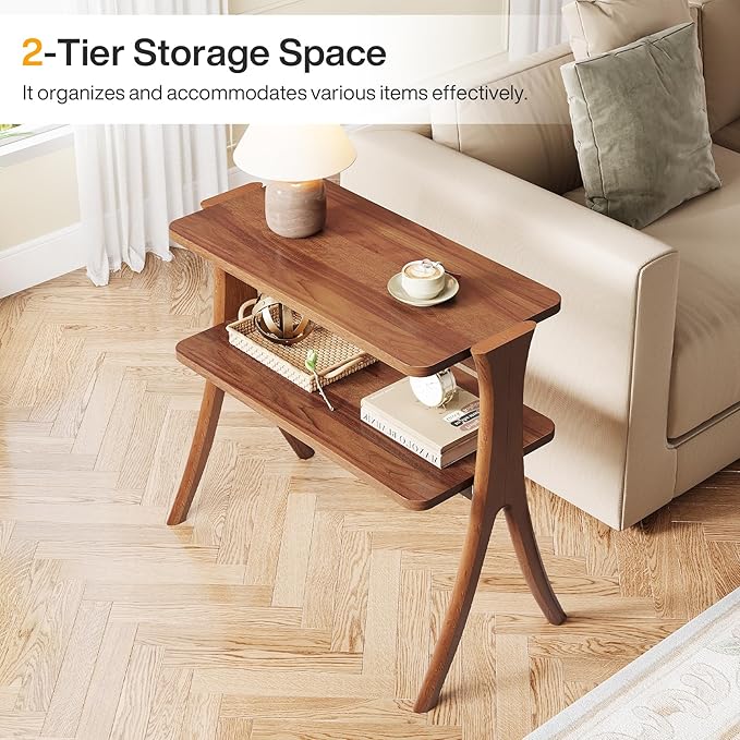 Tribesigns Walnut Side Table for Living Room, Narrow End Table with 2-Tier Storage Shelf and Solid Wood Legs, Slim Modern Bedside Table Nightstand for Bedroom, Small Spaces (1)
