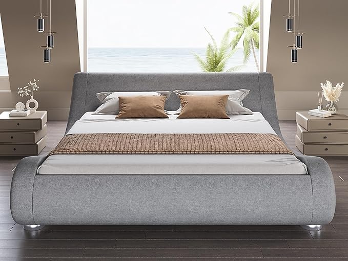 SHA CERLIN Full Size Upholstered Bed Frame, Deluxe Low Profile Sleigh Bed with Linen Ergonomics Headboard, No Box Spring Needed & Easy Assembly, Grey