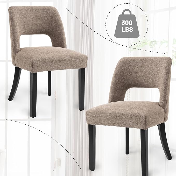 VKNOW Wooden Dining Chairs Set of 2, Modern Fabric Upholstered Dining Room Chair Kitchen Chairs, Farmhouse Dinner Chair for Kitchen Dining Room, Brown-Black Legs