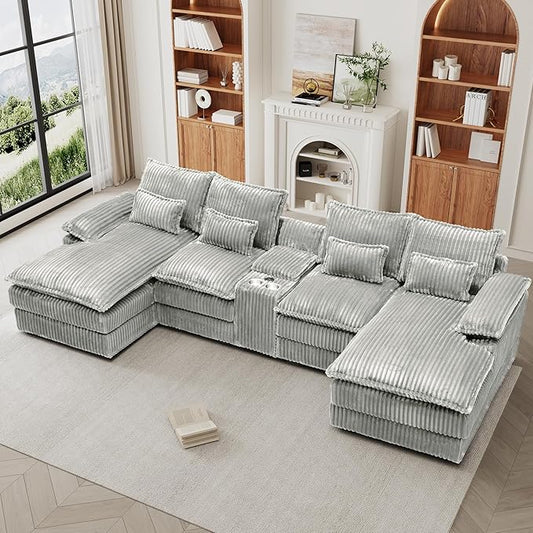 HYJT-H&K 124" U Shaped Cloud Couch Sectional, Comfy Fluffy Plush Corduroy Light Grey Sectional Couches for Living Room, Modern Modular Corduroy Couch Sectionals with Central Console & Double Chaise