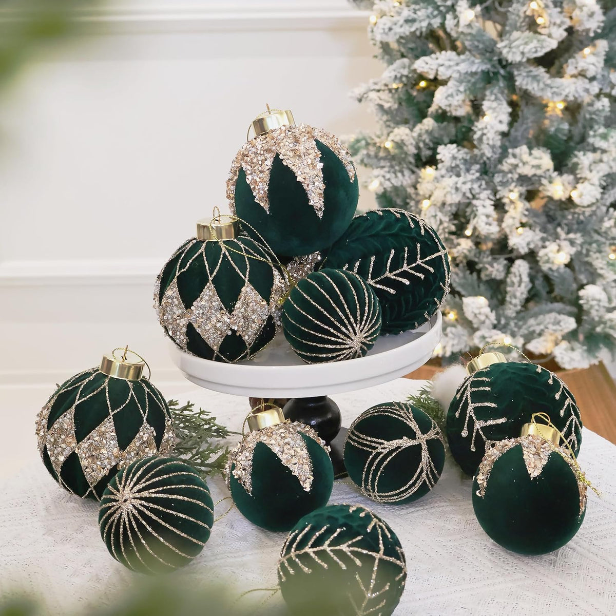 3.15INCH Green Velvet Ornaments for Christmas Tree, 12PCS Glitter Flocked Christmas Ornaments Decorations Balls Set Decor