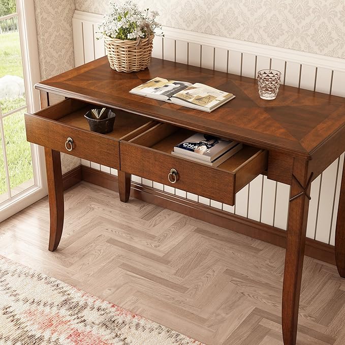Solid Wood Computer Writing Desk with 2 Big Drawers, 46.06" Wide Home Office Desk Workstation with Hourglass Shape Tabletop Big Rustic Study Table in Cherry Brown, BSZ-DR200