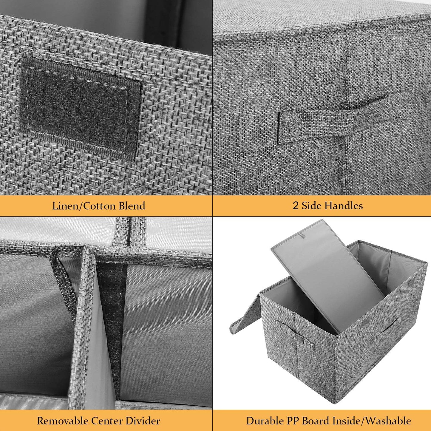 2 Pack Storage Boxes with Lids and Handles, Collapsible Linen Storage Bins Organizer Containers Baskets Cube with Removable Divider for Home Bedroom Closet Office (Khaki, Small)