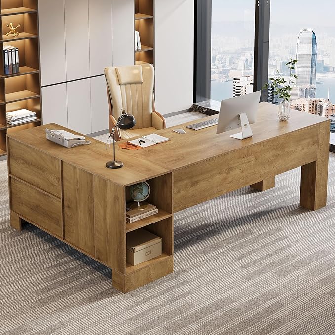 Tribesigns L-Shaped Executive Desk, 78-Inch Office Desk with Storage Cabinet and 2-Tier Shelf, Large Wooden Computer Writing Table Business Furniture Workstation for Home Office, Brown