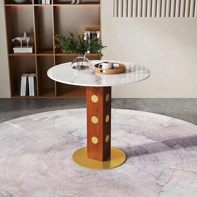 Sintered Stone Office Table - 33.5" Round Table for Small Offices (Red Leg and White Top, 1 Table Only)