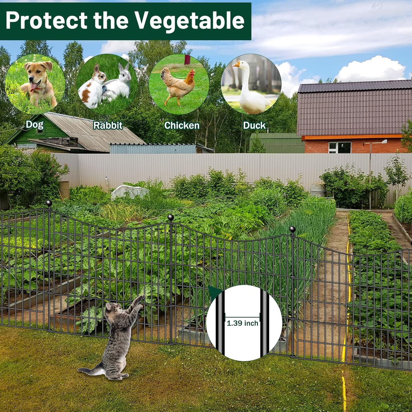 10 Panels Decorative Garden Fence with Gate, 24 in(H) X 20 ft(L) No Dig Dog Fence Animal Barrier Outdoor for Yard, Rustproof Metal Garden Edging and Borders, Temporary Fencing Stakes