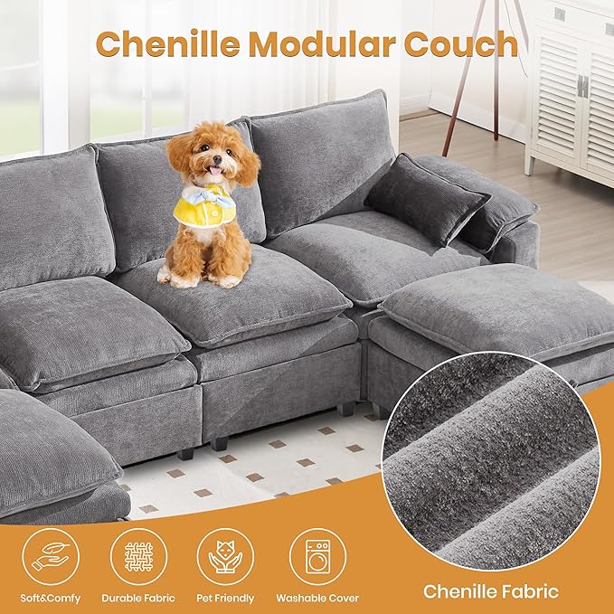 130" U Shaped Modular Sectional Sofa, Couch with Ottoman Storage, Chenille Cloud Couch with Plush Deep Seating for Living Room, Bedroom (8 Seat, Light Grey)