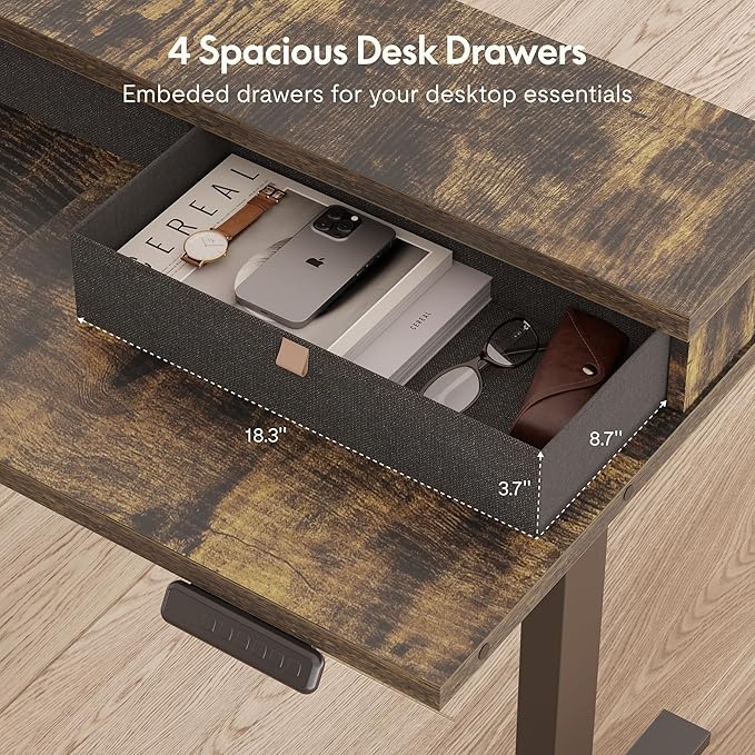 FLEXISPOT 63" L Shaped Standing Desk Electric Corner Table with Shelf, 4 Storage Drawers, Adjustable Computer Workstation for Home, Office, Game, Studio, Rustic Brown Top + Black Frame