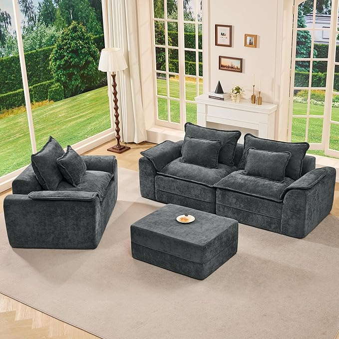 Hobestluk Cloud Single Sofa Memory Foam Couch with Deep Seat L Shaped Sofa with Removable Cover Large Couch for Living Room (Blue Grey, Single Sofa)