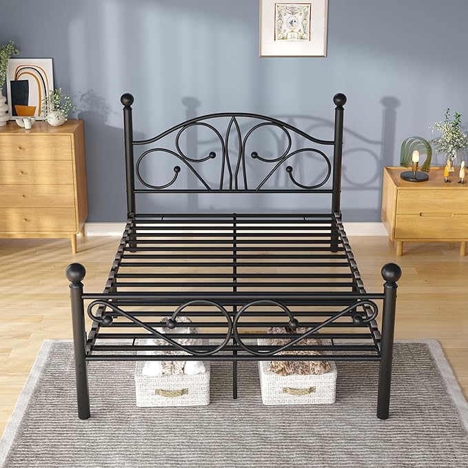 Metal Full Single Bed Frame with Storage Space, 74.8" in Steel Bed Frame with Protective Foot Pads, Strong Bearing Capacity Full Size Bed, Easy Assembly, Underbed Storage Space（40.1 inch）