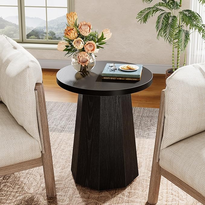 Tribesigns Farmhouse Round End Table Set of 2, Wooden Couch Side Table with Octagonal Base, Black Nightstand Pedestal Accent Furniture for Living Room, Bedroom (2)