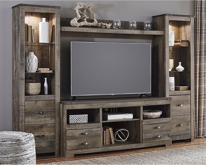 Signature Design by Ashley Trinell Urban 4-Piece Entertainment Center for TVs up to 72" with LED Lights, Dark Brown