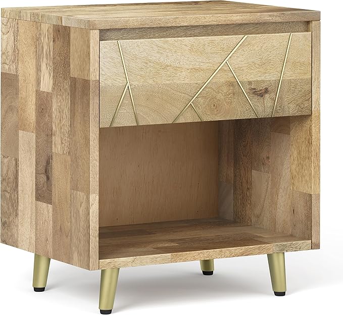 SIMPLIHOME Jager Bedside Table - 22 inch Wide Solid Mango Wood Nightstand in Natural, Mid Century Contemporary Bedroom Side or End Table with Brass Metal Inlay, 1 Drawer, and Open Storage
