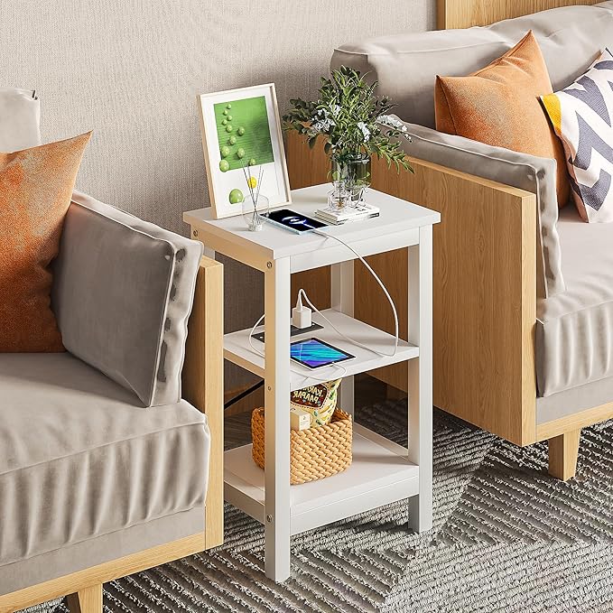 VECELO Modern Nightstands with Charging Station,Side End Table Night Stand with Storage Shelf for Small Spaces, Bedroom,Living Room