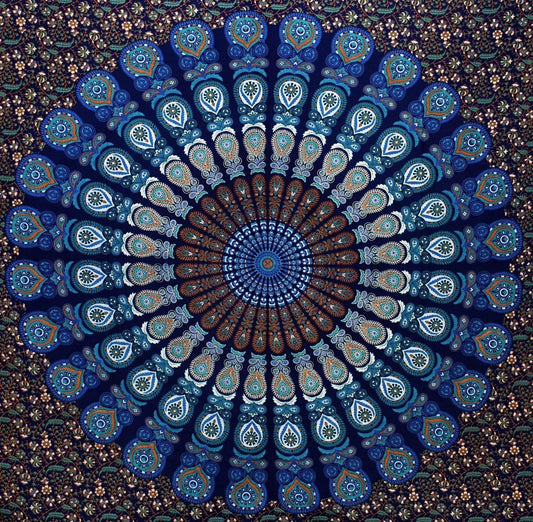 Bless International Handmade Indian hippie Bohemian Psychedelic Peacock Mandala Wall hanging College Dorm Beach Throws Table Cloth Bedding Tapestry (Blue Green, Twin(54x72Inches)(140x185cms))