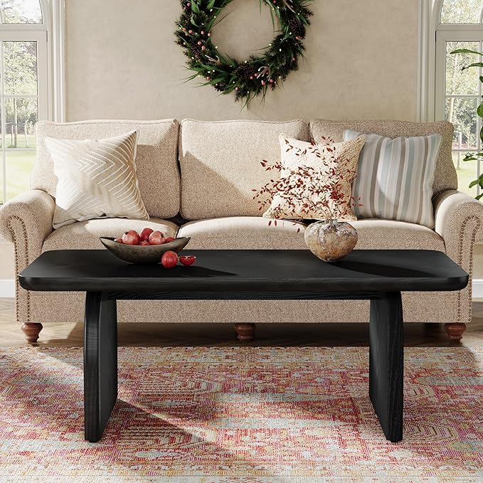 Tribesigns Rectangle Coffee Table, 47-Inch Wood Rectangular Living Room Table, Farmhouse Accent Center Low Cocktail Tea Table with Sturdy Base & Rounded Corners, Easy Assembly (Black)
