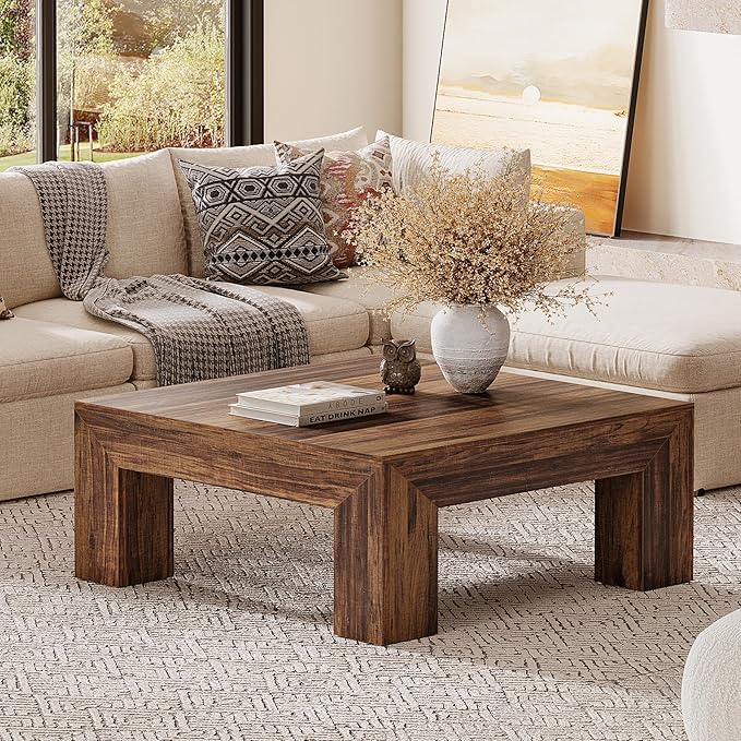 Tribesigns Farmhouse Square Coffee Table for Living Room, 39.37-Inch Low Large Center Tea Accent Table with Sturdy Legs, Easy Assembly (Dark Brown)