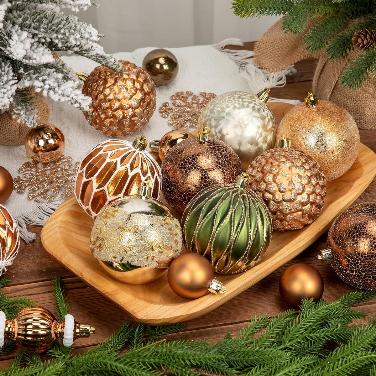 92ct Christmas Tree Decoration Set - Shatterproof Christmas Baubles with Strings, Bronze-Champagne