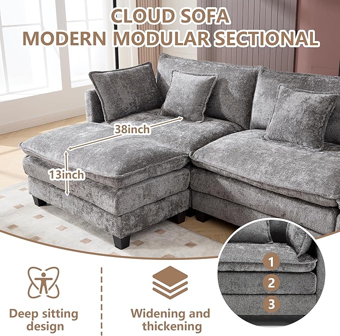 Plush Modular Cloud Sofa Set with Ottoman | L/U-Shaped Deep Seating Chenille Sectional for Family Living Room