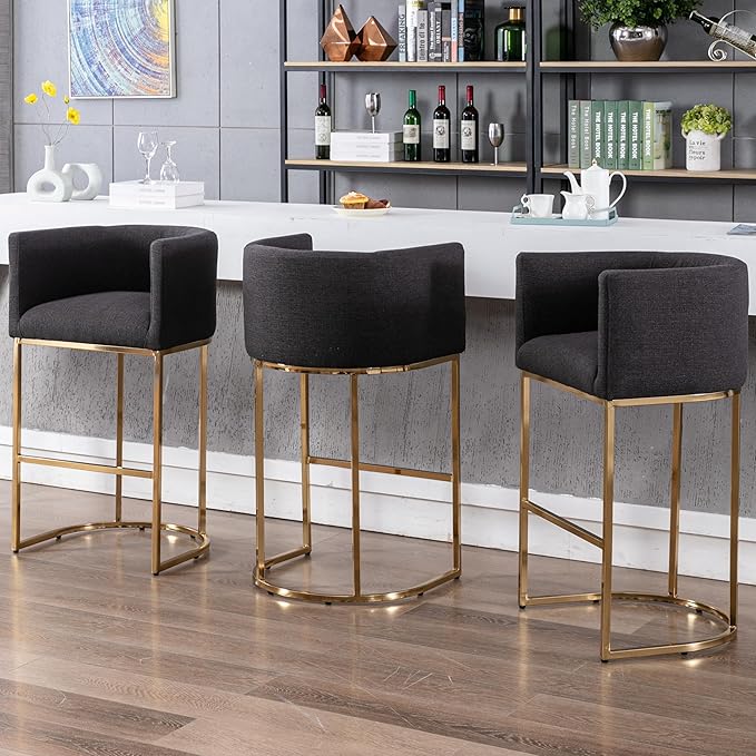 Contemporary Charcoal Linen Bar Stools Set of 3, 32" Upholstered Fabric Counter Height Barstool Kitchen Counter Island Stools with Golden Metal Base
