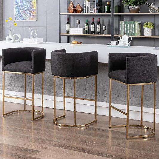 Contemporary Charcoal Linen Bar Stools Set of 3, 32" Upholstered Fabric Counter Height Barstool Kitchen Counter Island Stools with Golden Metal Base
