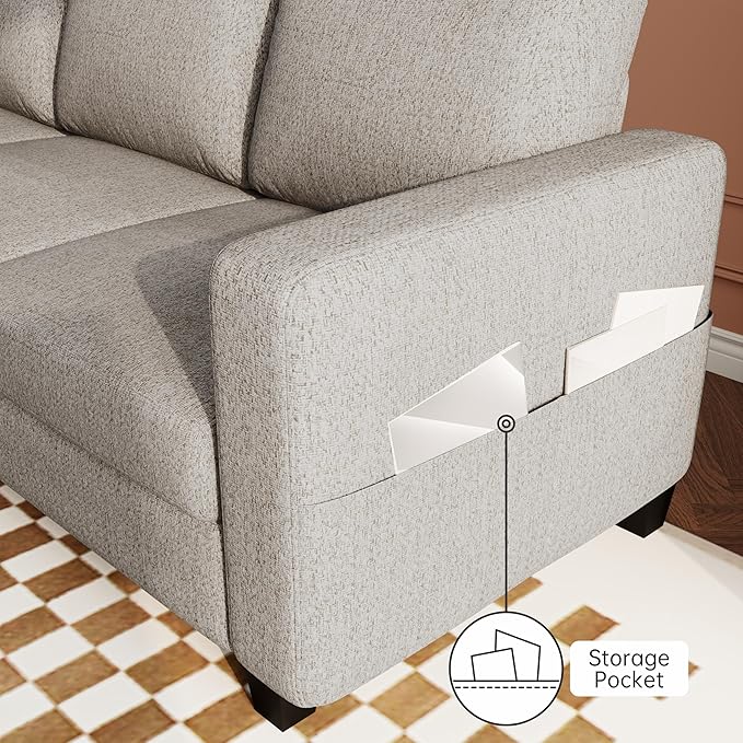 Sectional Sofa and Couches for Living Room, 78'' Brown 3 Seat L-Shaped Couch with Movable Ottoman, Comfy Linen Convertible Sectionals Sofas with Chaise for Apartment, Office, Small Space