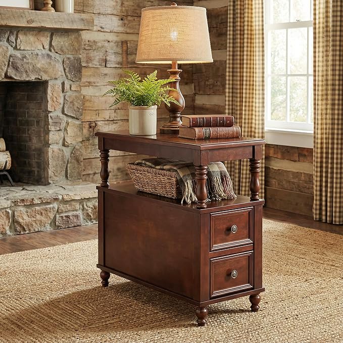 Tribesigns Cherry Finish Wood End Table with 2 Drawers, Mid-Century Wooden Slim Side Table Nightstands with Storage Shelf, Accent Table for Living Room, Easy to Assemble