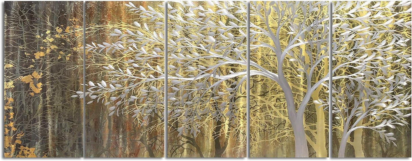 Yihui Arts Gold Metal Wall Art Handcrafted Tree on Aluminum Artwork Modern Forest Pictures with 3D for Living Room Bedroom Kitchen Decor
