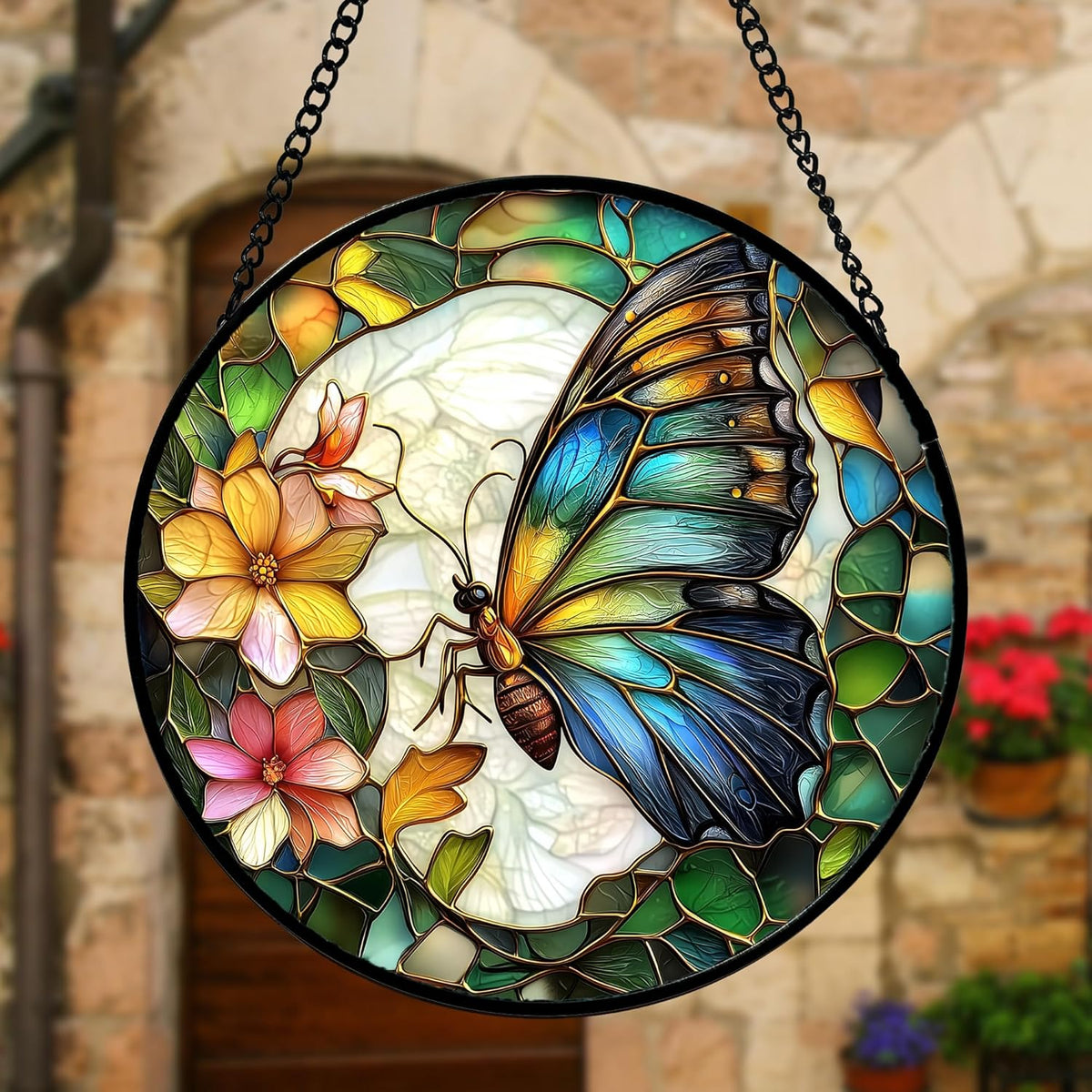 Stained Glass Window Hanging, Butterfly Flower Sun Catchers Diamond Glass Panel Hangings Insect Suncatcher Decor for Birthday for Women, Men, Wife, Aunt, and Mom 15x15 in