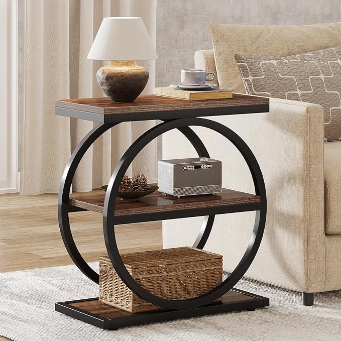Tribesigns End Table, Narrow End Table with 3 Storage Shelves, Wood Side Table with Black Metal Frames, Industrial Small Sofa Side Table for Living Room, Slim Nightstand and Bedside Table for Bedroom