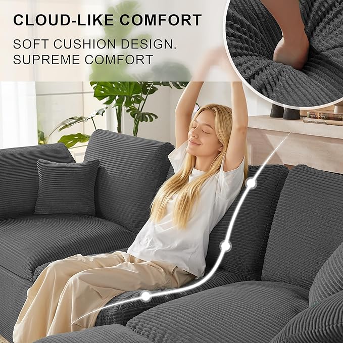 112" Cloud Sectional Couch, Boneless Couches for Living Room, U Shaped Couch with Convertible Ottoman, Modular Sectional Sofa with Deep Seat, Comfy Soft Cushions, No Assembly, Gray