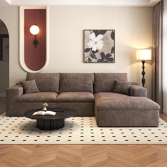 107'' L-Shaped Modern Modular Sectional Cloud Couch, 4-Seat Chenille Deep-Seat Sofa with Pillow for Living Room, Bedroom, Apartment, Camel