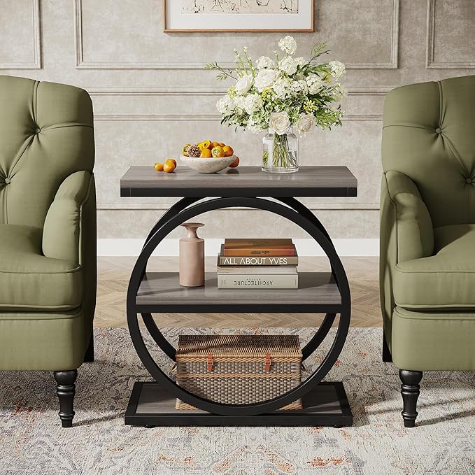 Tribesigns End Table Set of 2, Narrow End Table with 3 Storage Shelves, Wooden Side Table with Metal Frame, Small Sofa Side Table for Living Room, Grey Nightstand and Bedside Table for Bedroom