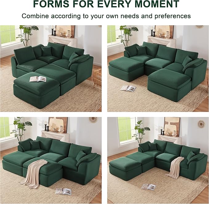 112" Cloud Sectional Couch, Boneless Couches for Living Room, U Shaped Couch with Convertible Ottoman, Modular Sectional Sofa with Deep Seat, Comfy Soft Cushions, No Assembly, Green