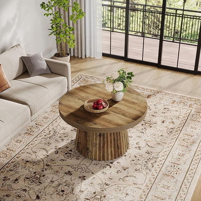 Tribesigns Coffee Table, 31.5" Small Farmhouse Round Coffee Tables with Fluted Drum Base, Mid Century Modern Boho Accent Center Table for Living Room, Apartment, Small Space, Brown