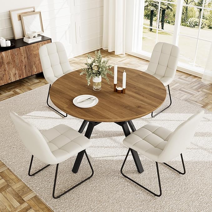 Extendable Round Dining Table Set for 4 People, 43.3"-59.1" Extendable Kitchen Table with 4 Upholstered Chairs, Space Saving for Kitchen Dining Room (Walnut Table+4 U-Shaped White Chairs)