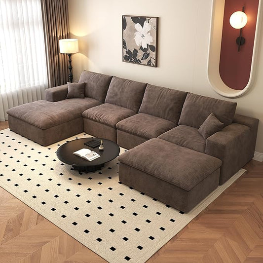 136.6'' U-Shaped Modern Modular Sectional Cloud Couch Whit Ottoman, 4-Seat Chenille Deep-Seat Sofa with Pillow for Living Room, Bedroom, Apartment, Camel