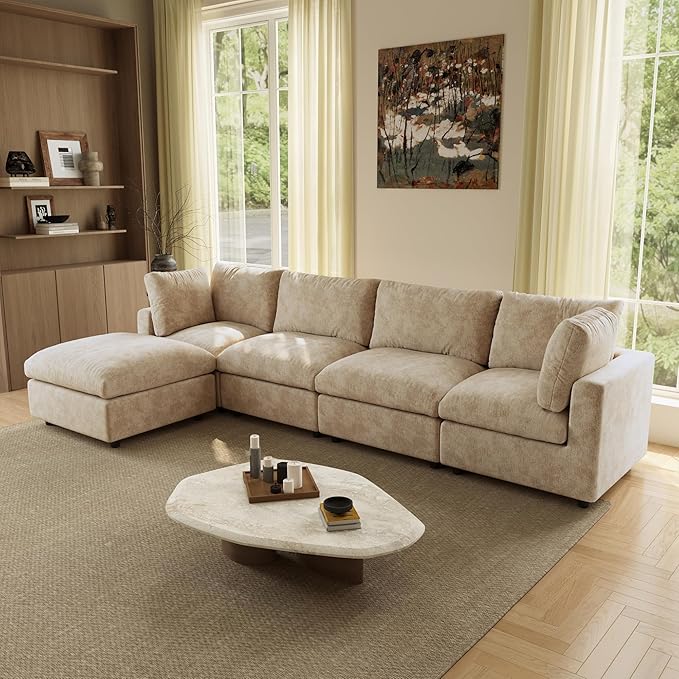 WJShome L Shaped Sectional Couch 134 Inch 4-Seater Modern Modular Sofa with Ottoman,Chenille Deep Seat Couches for Living Room, Bedroom and Apartment，Khaki
