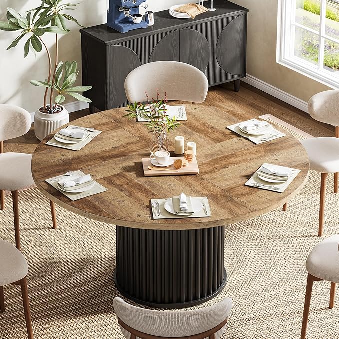 Tribesigns Round Dining Table for 4-6, 47-Inch Modern Circle Kitchen Table with Fluted Round Base, Farmhouse Wood Dinner Table for Dining Room, Kitchen, Living Room, Brown and Black