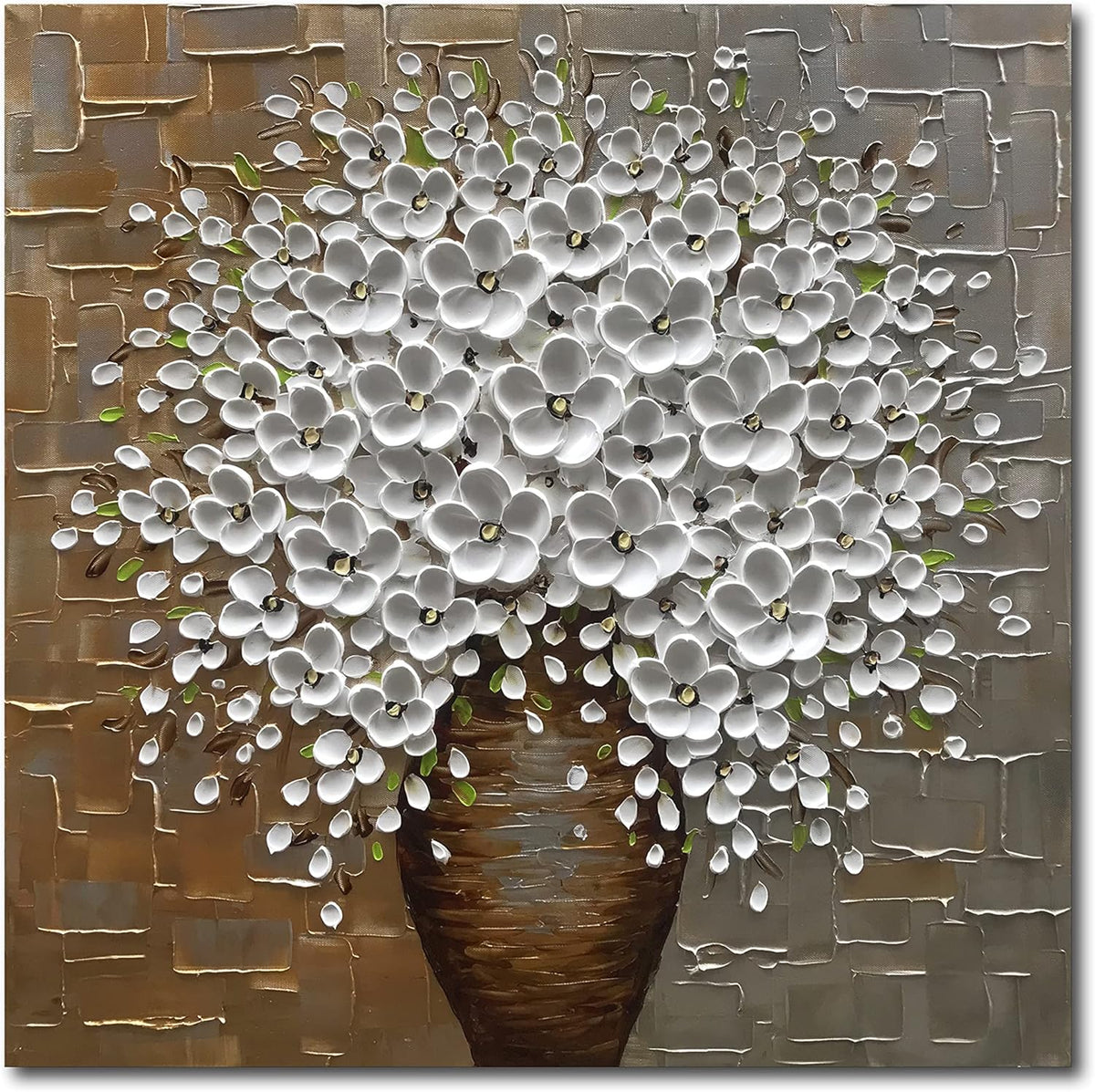Epicler Hand Painted 3D Oil Painting on Canvas 24x24 inch White Flower Art,Morden Canvas Wall Paintings, Metal Textured Gold and Silver Background White Flower Artwork