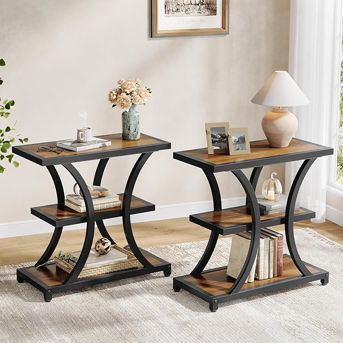 Tribesigns End Table with Storage, 3-Tier Side Table with Geometric Metal Design, Industrial Nightstand for Small Spaces, Living Room, Bedroom, Study Room (2, Rustic Brown)