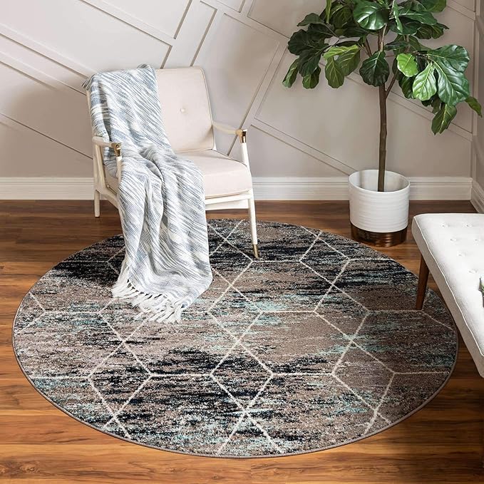 Unique Loom Trellis Frieze Collection Area Rug - Geometric (5' Round, Blue Multi/ Ivory)