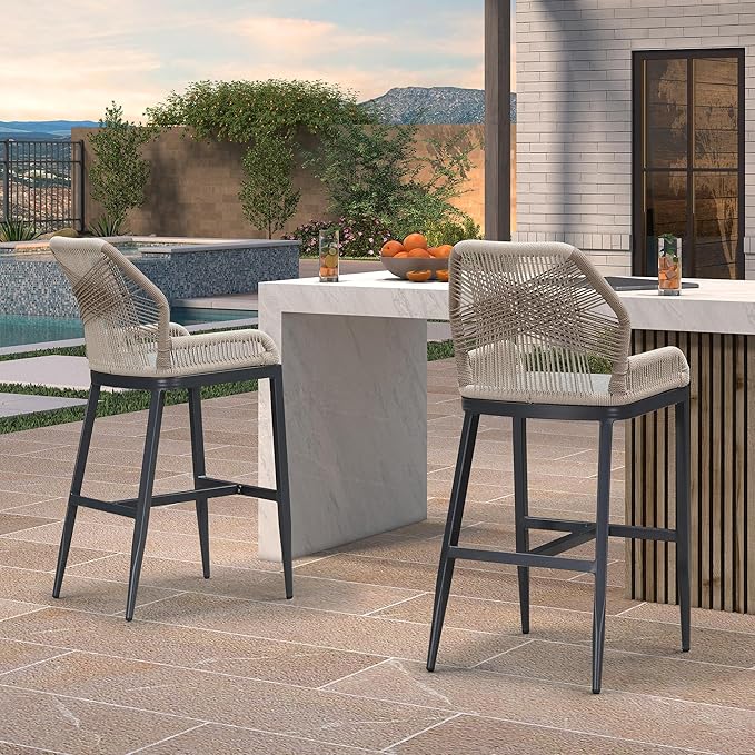PURPLE LEAF 4 Pieces Bar Stools Patio Modern Rattan Barstools Aluminum Woven Tall Bar Chairs with Cushions for Outdoor Kitchen Island Garden