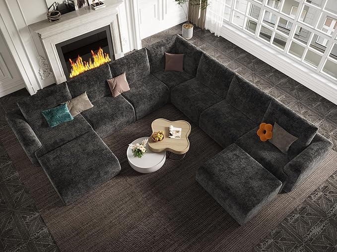EASE MOOSE Oversized Sectional Cloud Couch, 9-Seat Modular Boneless Sofa Set with Deep Seat, No-Assembly Chenille Sofa for Living Room, Dark Grey