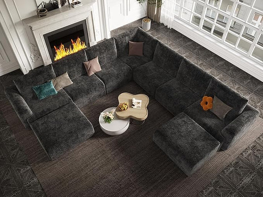 EASE MOOSE Oversized Sectional Cloud Couch, 9-Seat Modular Boneless Sofa Set with Deep Seat, No-Assembly Chenille Sofa for Living Room, Dark Grey