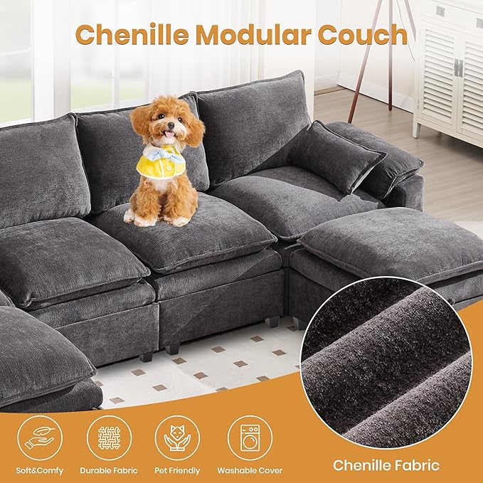 130" U Shaped Modular Sectional Sofa, Couch with Ottoman Storage, Chenille Cloud Couch with Plush Deep Seating for Living Room, Bedroom (7 Seat, Grey)
