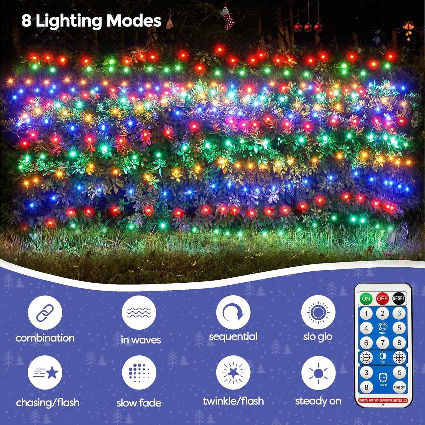 WBao Solar Christmas Lights Outdoor 200LED 8.4ft x 5.2ft Christmas Net Lights with Remote, 8 Lighting Modes, Timer, Waterproof for Lawn, Bushes, Shrubs, Trees Outdoor Christmas Decorations, Multicolor