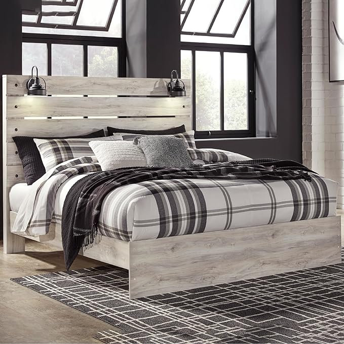 Signature Design by Ashley Cambeck Farmhouse King Panel Bed with Sconce Lights and USB Ports, Foundation or Box Spring Needed, Whitewash